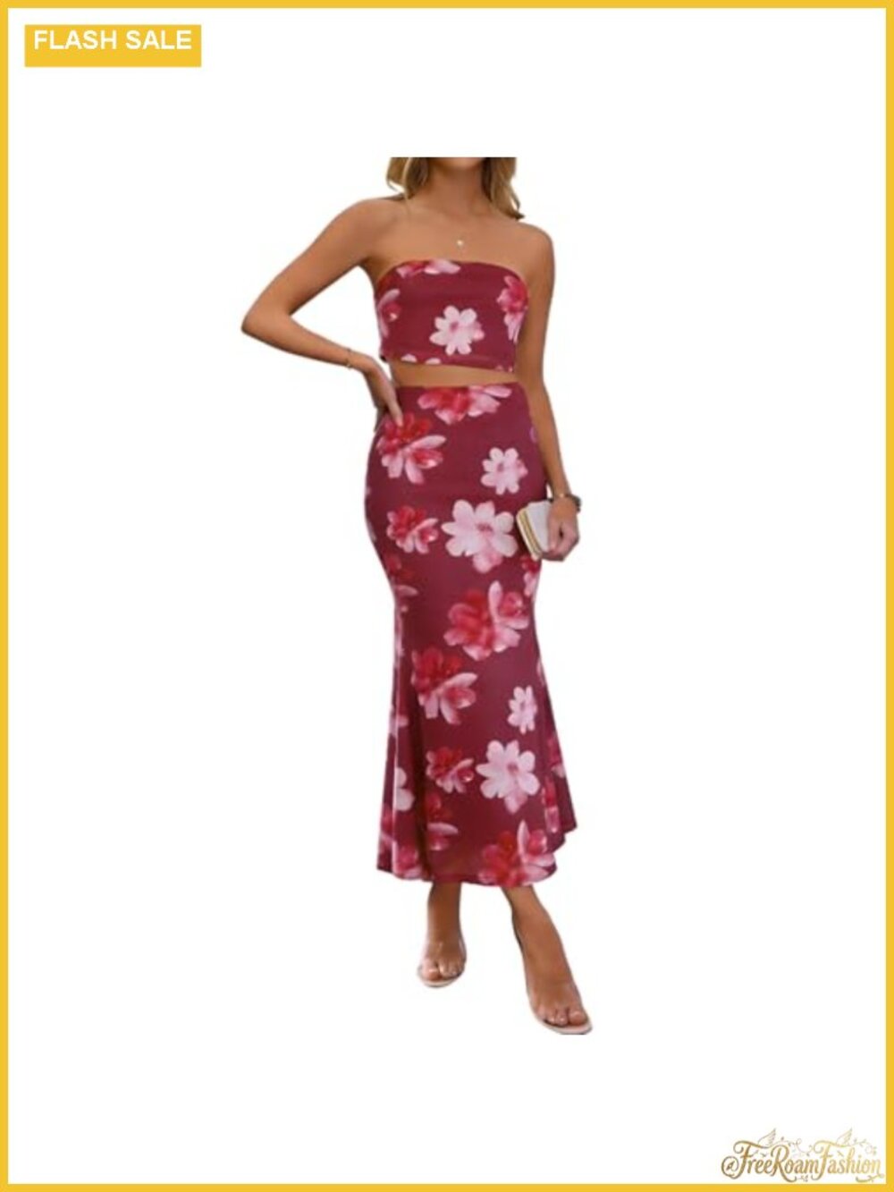Floral 2 Piece Maxi Skirt Set Sleeveless Tube Top Bodycon Vacation Outfit